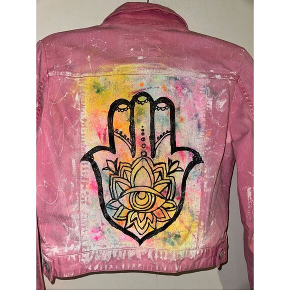Who Jeans JAMSA HAND Denim Jean Jacket Handmade Decorated Barbie Pink Small - Picture 5 of 8